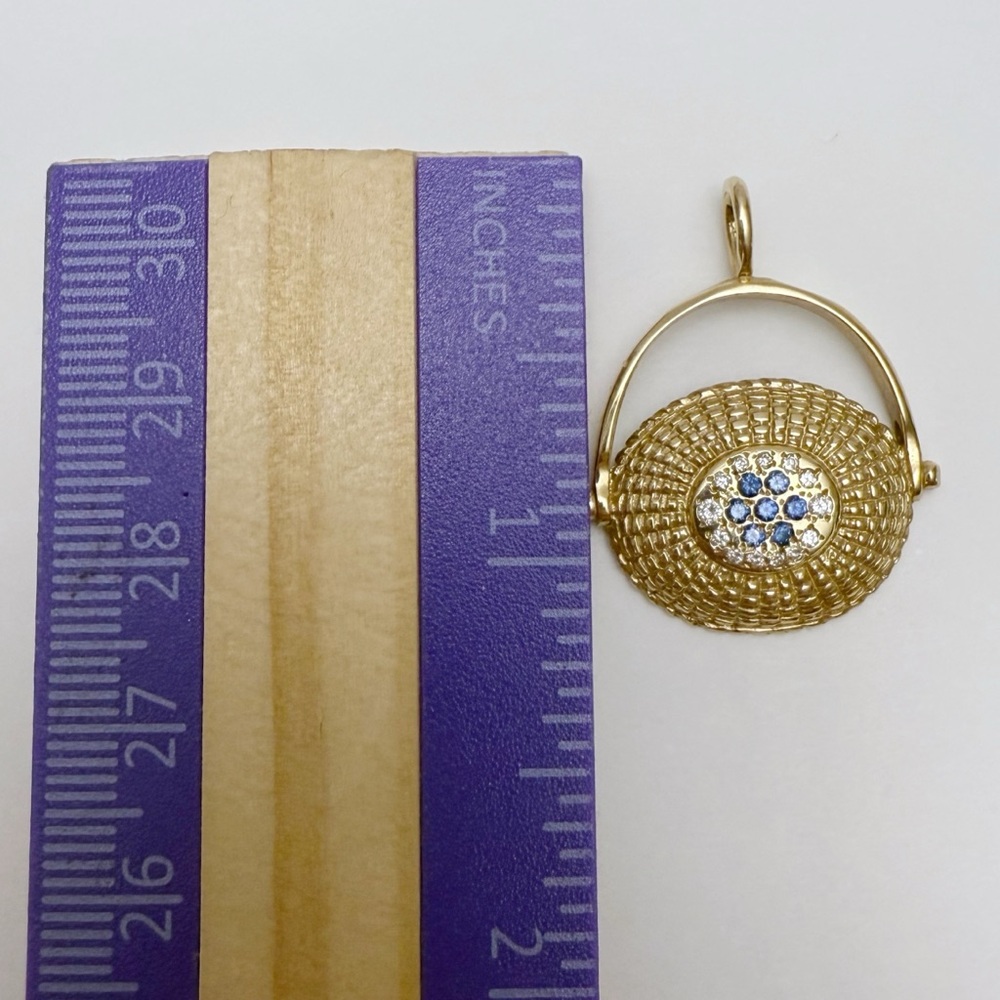 M&D Fine Jewelry 14k Gold Nantucket Basket Blueberries Sapphire Diamond Pendant - Picture 7 of 8